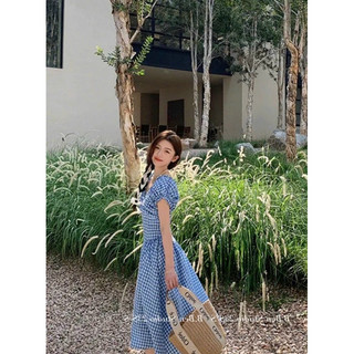 ĐẦM MIDI CARO XANH CỔ V