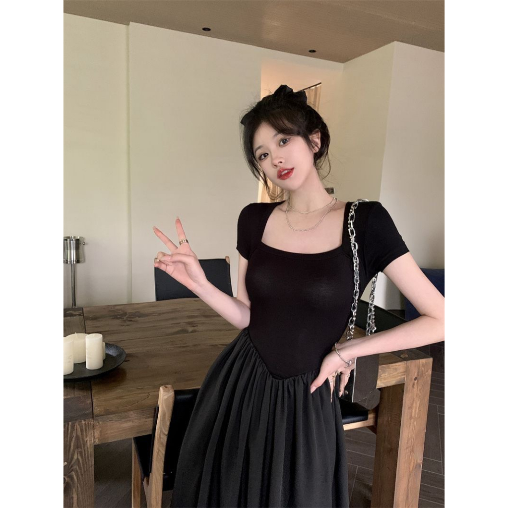 Váy đầm cổ vuông dáng dài liền thân cộc tay hot trendy hàng thiết kế siêu xịn xò đủ ba màu