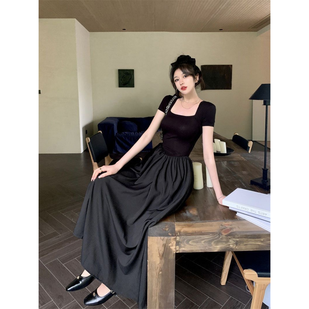 Váy đầm cổ vuông dáng dài liền thân cộc tay hot trendy hàng thiết kế siêu xịn xò đủ ba màu