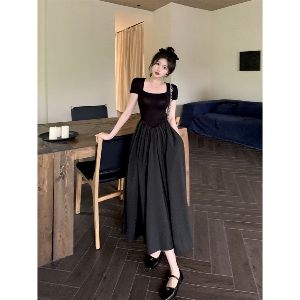 Váy đầm cổ vuông dáng dài liền thân cộc tay hot trendy hàng thiết kế siêu xịn xò đủ ba màu