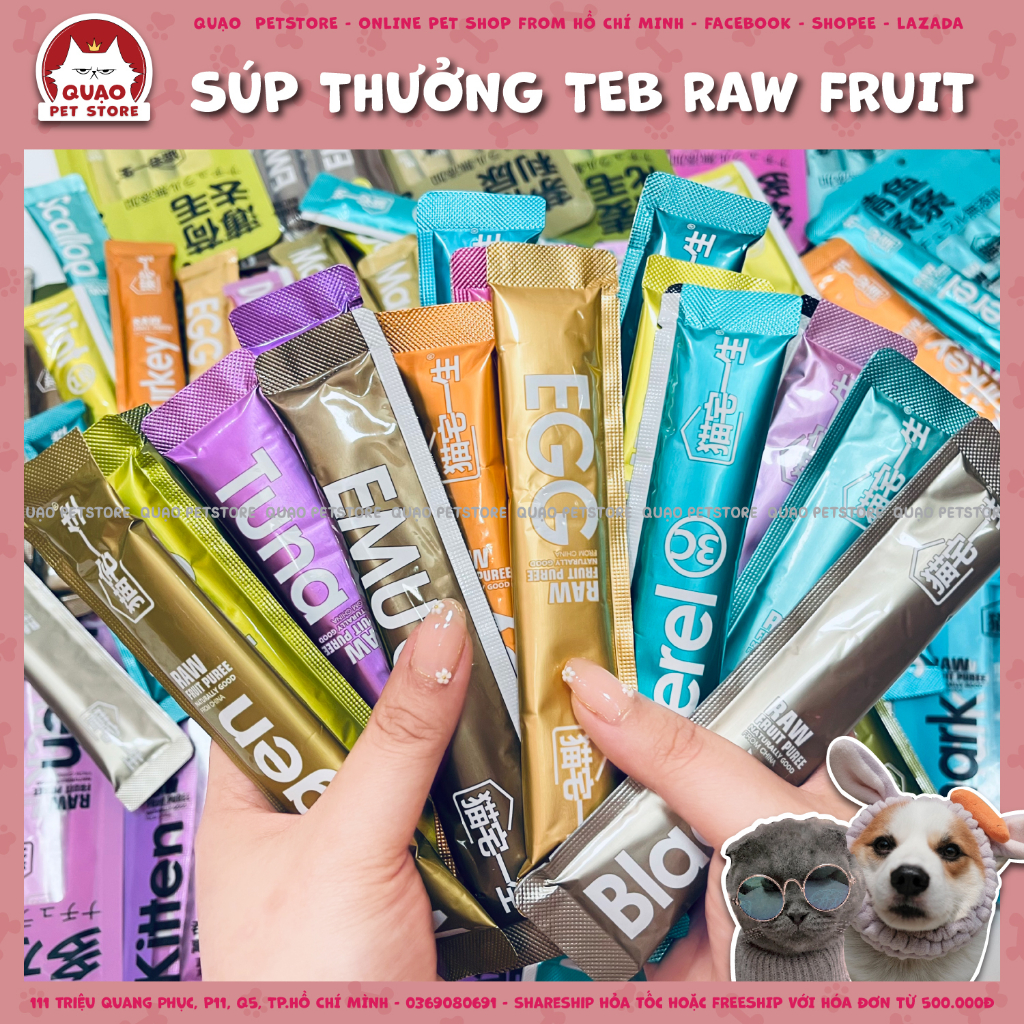 COMBO Súp thưởng Teb Mao RAW FRUIT PUREE, súp dinh dưỡng bigsize 16 vị cho chó mèo