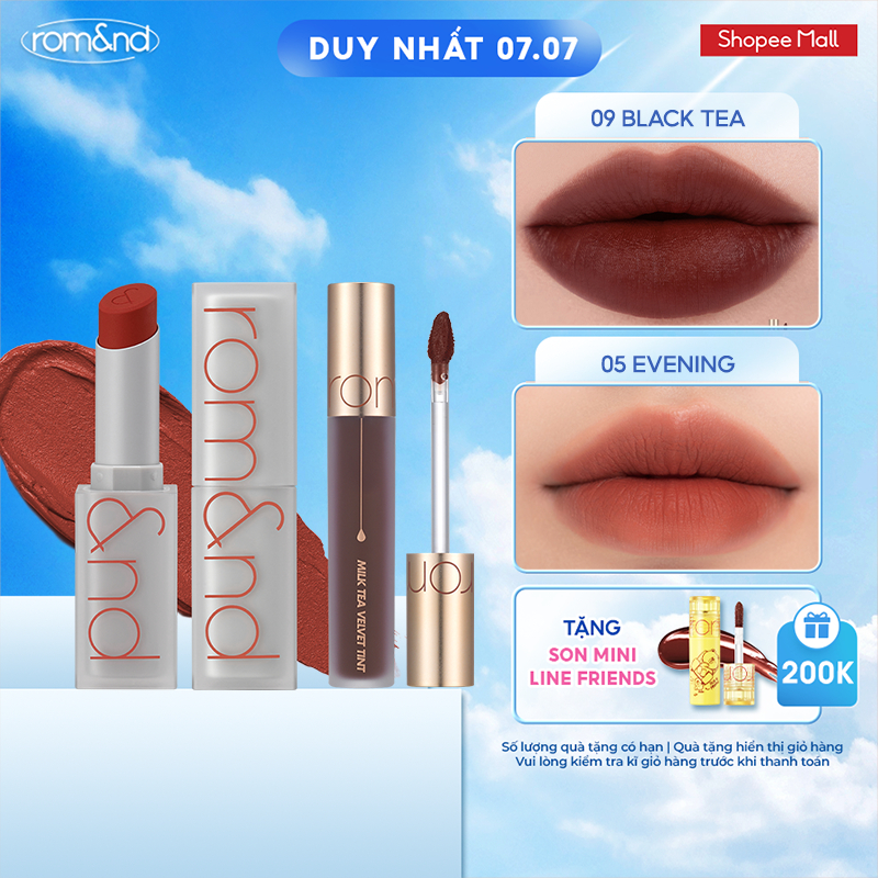 Combo Son kem lì Romand Milk Tea Velvet Tint 4.4g + Son thỏi Romand Zero Matte Lipstick-Shell Beach Nude Collection 3g
