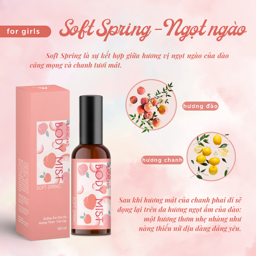 Body Mist xịt thơm body Soft Spring 35ml/100ml MACALAND cho nữ hương đào dưỡng ẩm cho da, lưu hương lâu