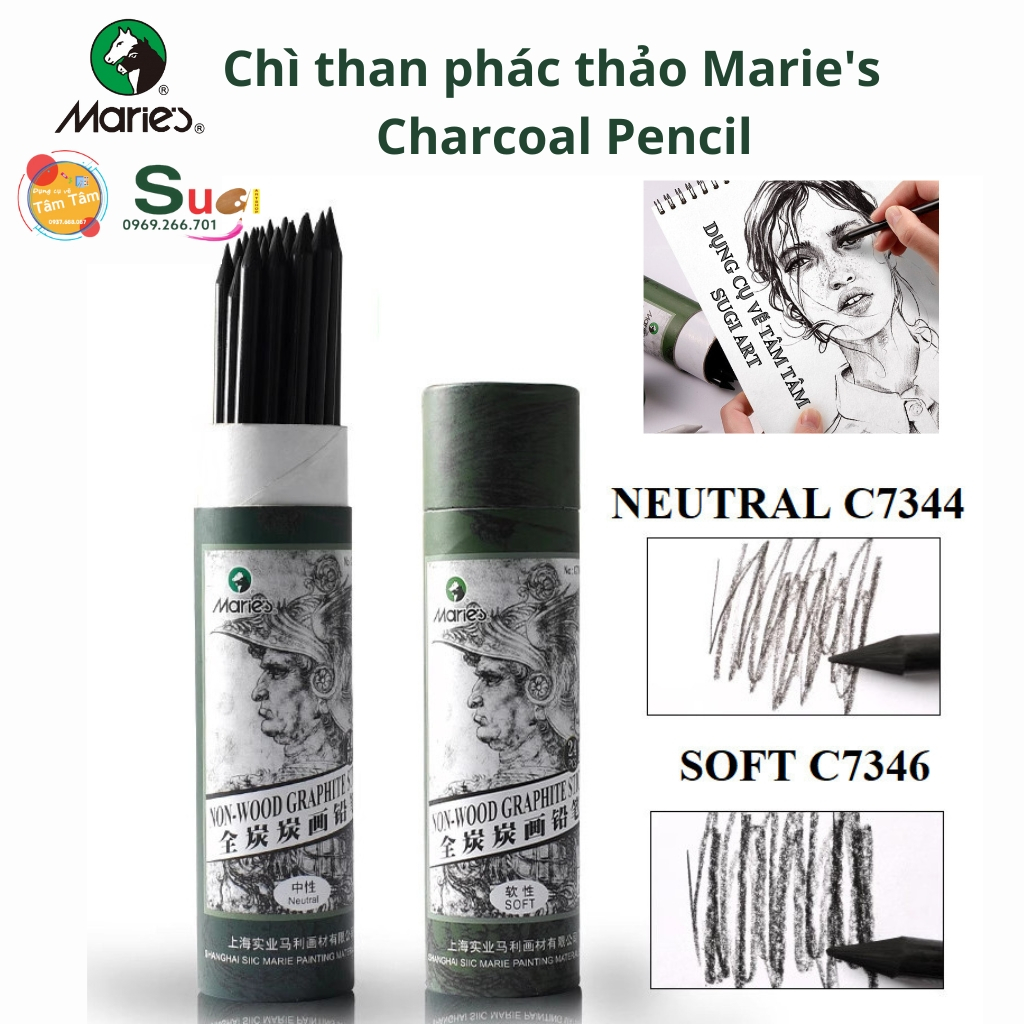 Bút Chì Than Marie's (Neutral/Soft) vẽ ký họa , phác thảo, chân dung. C7344 / C7346