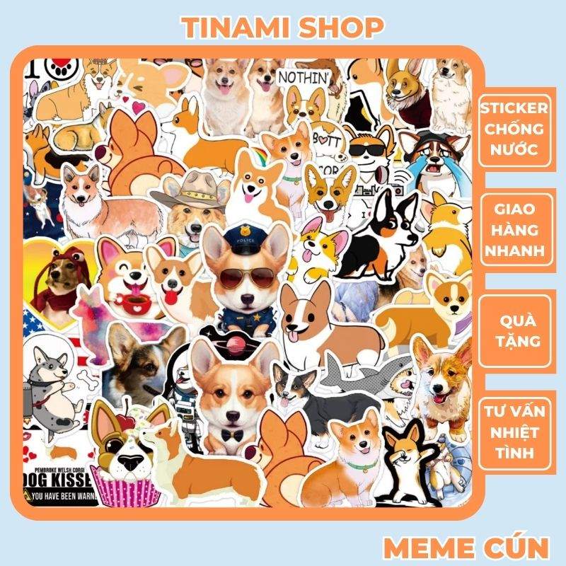 50 sticker chó Corgi Shiba meme chó chống nước trang trí điện thoại laptop