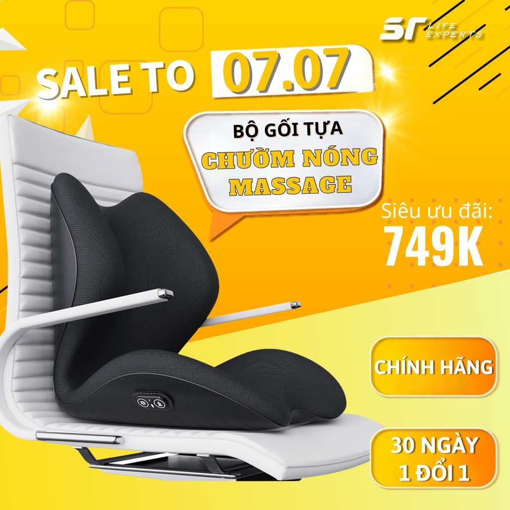 Bộ Gối Lót Mông Tựa Lưng Sairui Cao Su Non Tích Hợp Massage Chườm Nóng Văn Phòng Ô Tô, Giảm Đau Cột Sống, Chống Gù