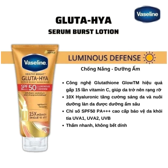 Dưỡng Thể Chống Nắng Vaseline Gluta-Hya 15x - SPF 50+++ Luminous Defense Thái Lan Chính Hãng
