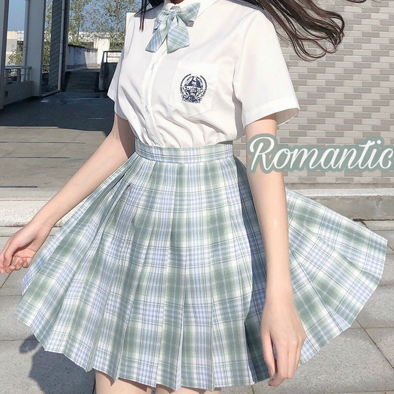 Set bộ chân váy jk kẻ sọc xếp ly caro kèm áo sơ mi trắng ngắn tay thêu basic - MUA 2 TẶNG 2 H0162