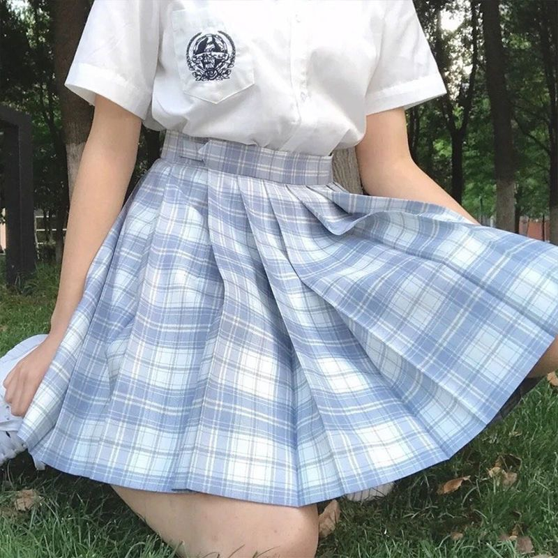 Set bộ chân váy jk kẻ sọc xếp ly caro kèm áo sơ mi trắng ngắn tay thêu basic - MUA 2 TẶNG 2 H0162