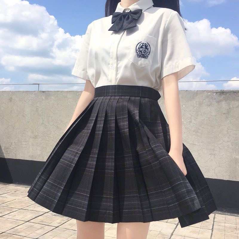 Set bộ chân váy jk kẻ sọc xếp ly caro kèm áo sơ mi trắng ngắn tay thêu basic - MUA 2 TẶNG 2 H0162