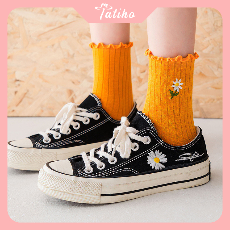 Vớ tất cổ cao chất cotton phong cách unisex họa tiết hoa cúc phối bèo nhún, Vớ trơn nhiều màu thời trang Hàn - Mã TVC48