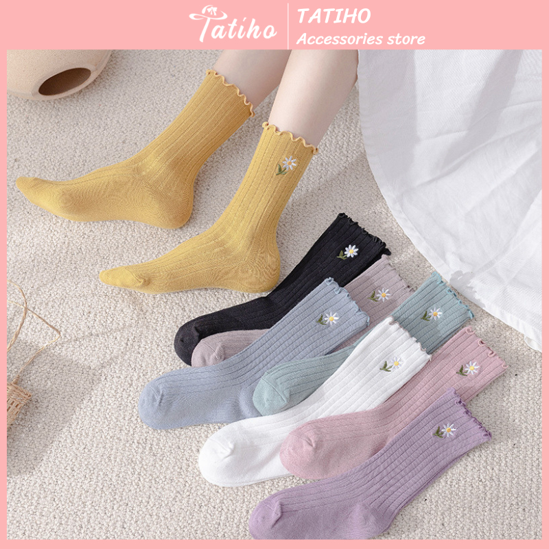 Vớ tất cổ cao chất cotton phong cách unisex họa tiết hoa cúc phối bèo nhún, Vớ trơn nhiều màu thời trang Hàn - Mã TVC48