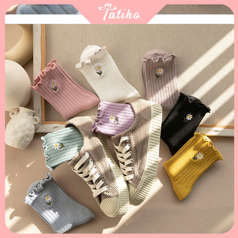 Vớ tất cổ cao chất cotton phong cách unisex họa tiết hoa cúc phối bèo nhún, Vớ trơn nhiều màu thời trang Hàn - Mã TVC48