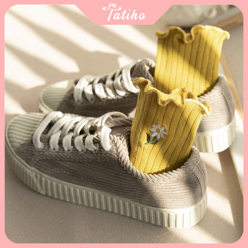 Vớ tất cổ cao chất cotton phong cách unisex họa tiết hoa cúc phối bèo nhún, Vớ trơn nhiều màu thời trang Hàn - Mã TVC48