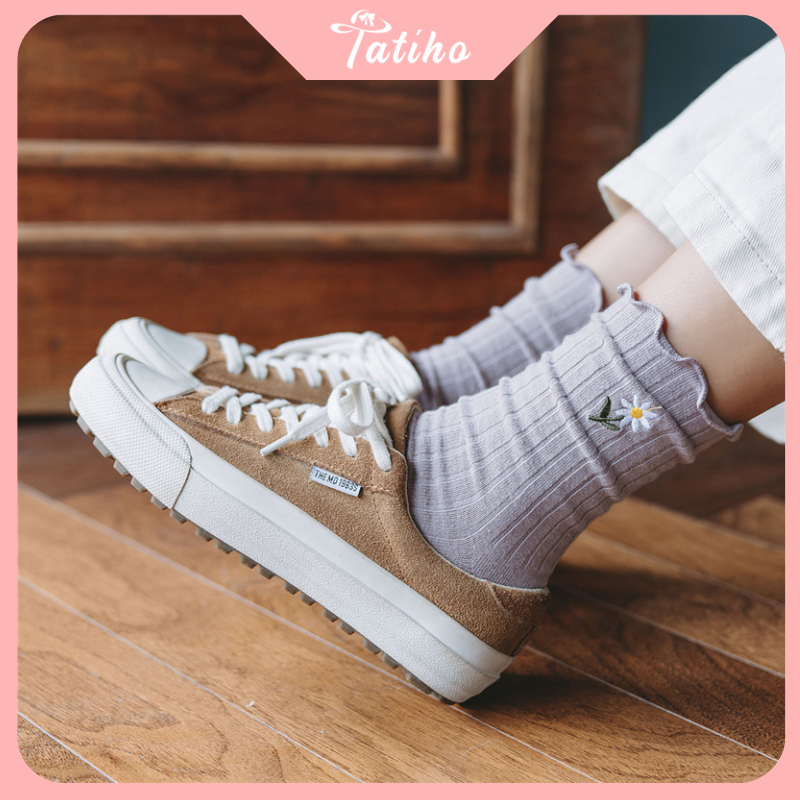 Vớ tất cổ cao chất cotton phong cách unisex họa tiết hoa cúc phối bèo nhún, Vớ trơn nhiều màu thời trang Hàn - Mã TVC48