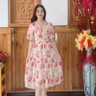 Váy hoa tiểu thư xếp ly ngực