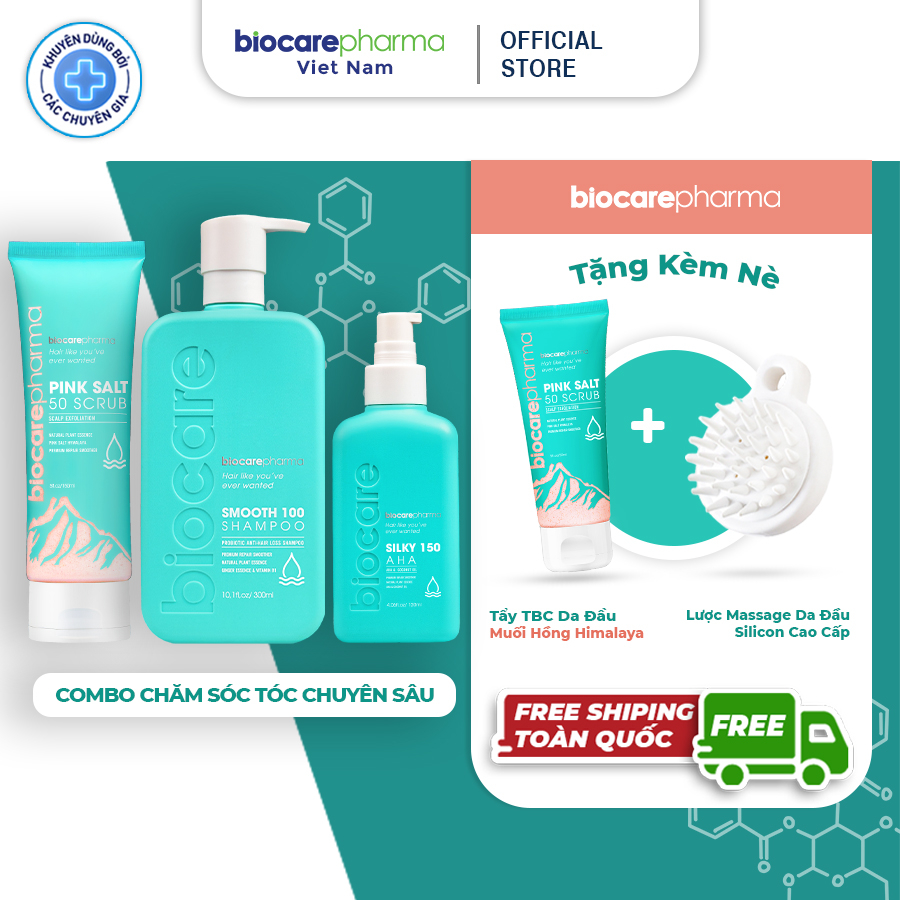 [Mua 3 tặng 2] Combo tẩy gội xả dành cho tóc hư tổn - ngăn ngừa rụng tóc - kích mọc tóc Biocarepharma - tặng tbc và lược