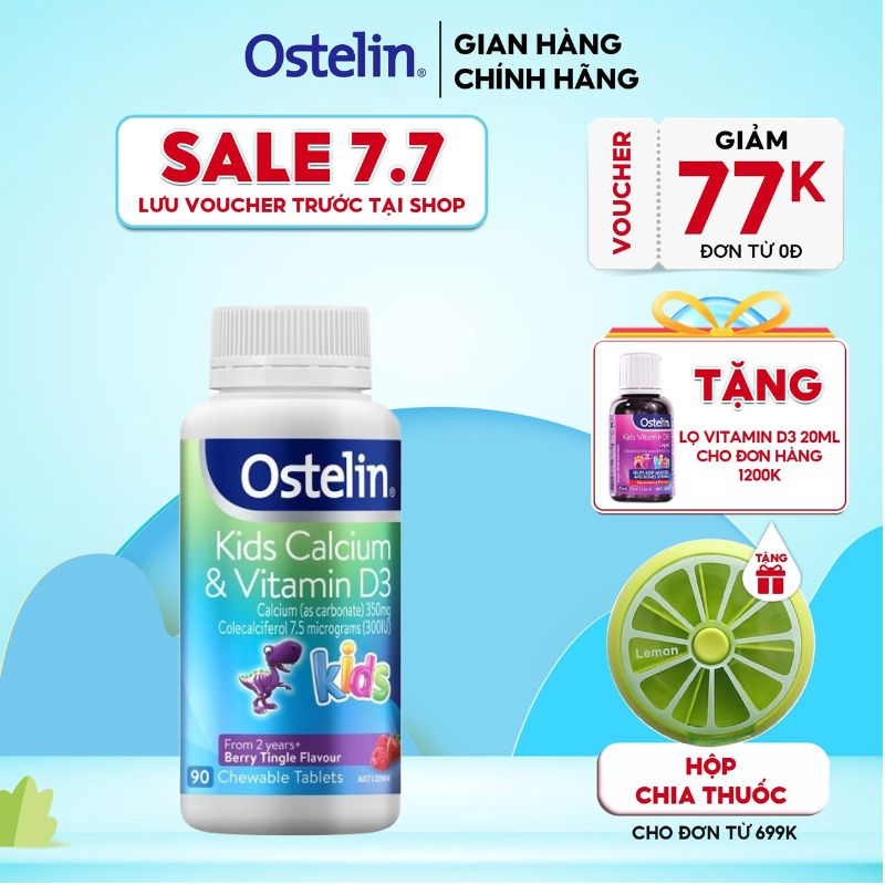 Canxi khủng long cho bé 90 viên Ostelin bổ sung vitamin D và canxi Vitamin D & Calcium Ostelin Kids của