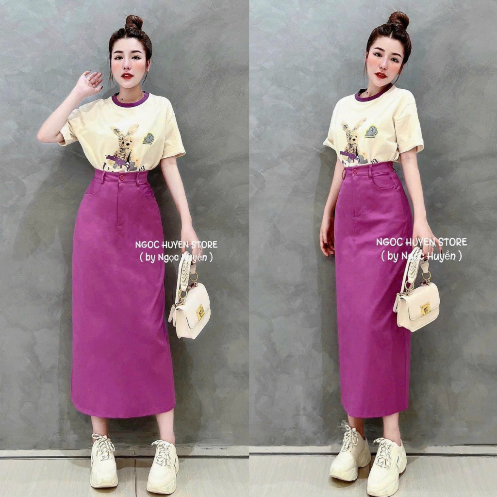 Set bộ váy nữ công sở với áo thun họa tiết phối viền mix chân váy chữ A form dài xinh xắn, sang chảnh