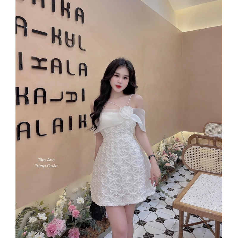 Đầm xoè bẹt vai vải vân hoa nổi siêu xinh - Free size dưới 57kg