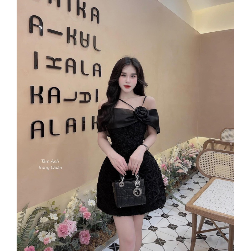 Đầm xoè bẹt vai vải vân hoa nổi siêu xinh - Free size dưới 57kg