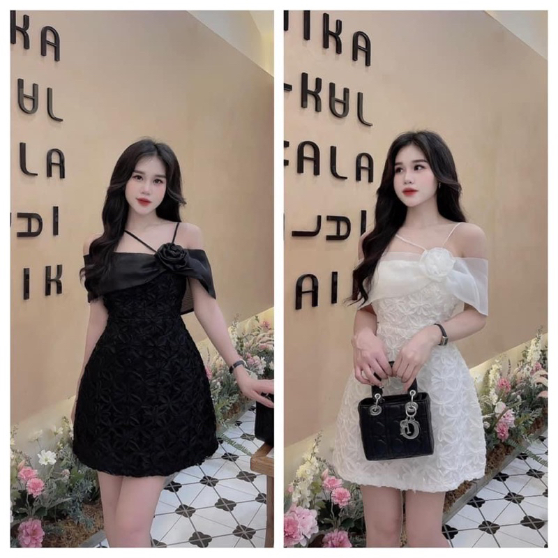 Đầm xoè bẹt vai vải vân hoa nổi siêu xinh - Free size dưới 57kg