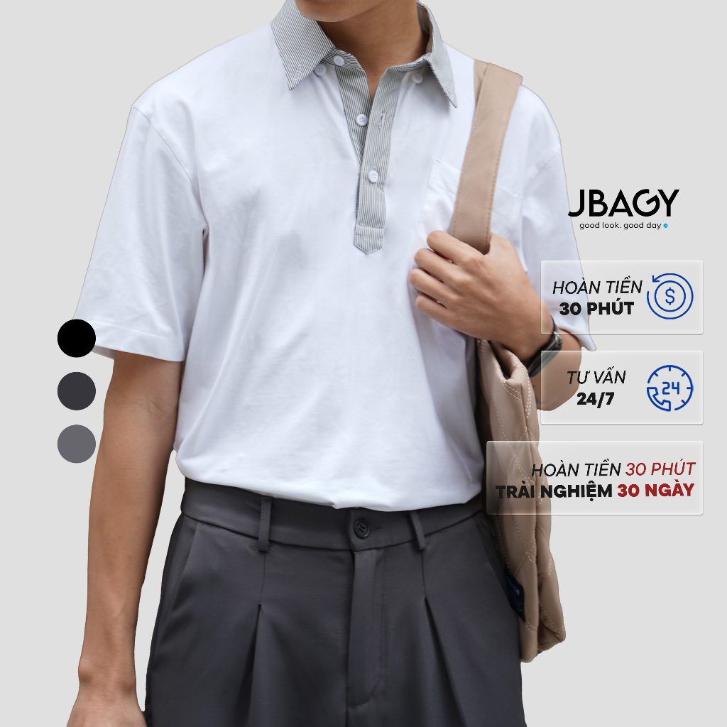 Áo polo nam vải cotton trắng basic phối cổ kẻ sọc Ploman thấm hút thoáng mát co dãn đa chiều thương hiệu JBAGY - JP0202