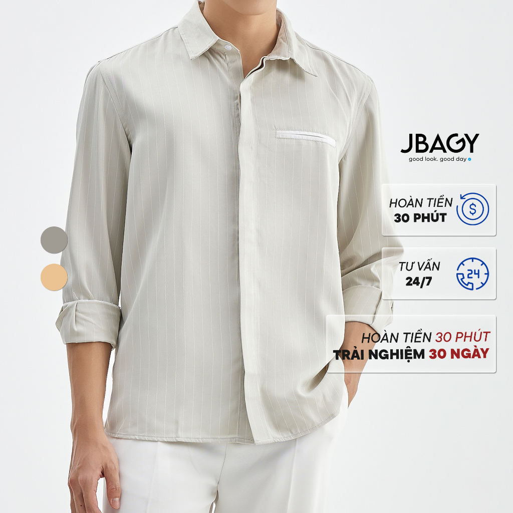 Áo sơ mi nam dài tay dáng rộng kẻ sọc mảnh vải phối măng set cổ tay thương hiệu JBAGY - JS0706