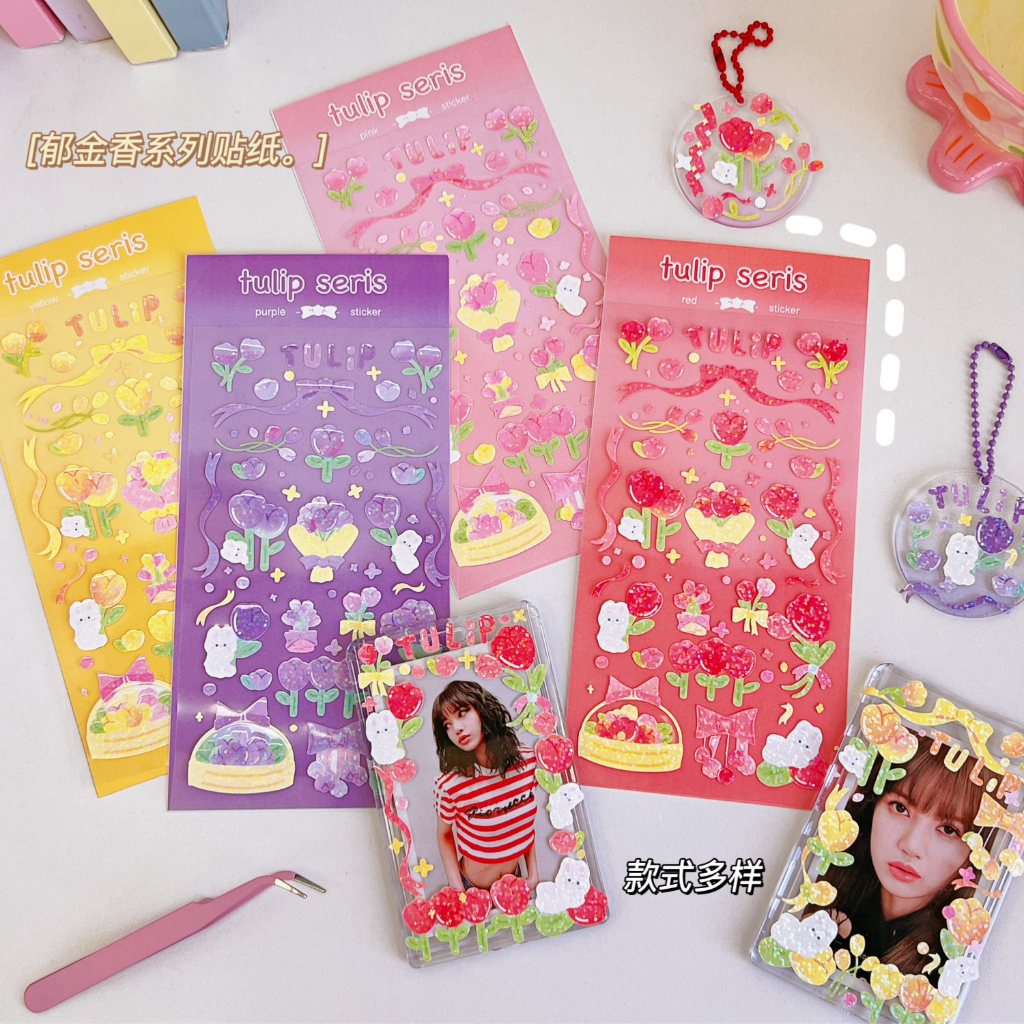 Sticker Hoa Tulip/ Sticker Gấu Thỏ Siêu Lấp Lánh Bling Trang Trí Toploader/ Ốp Lưng Dễ Thương