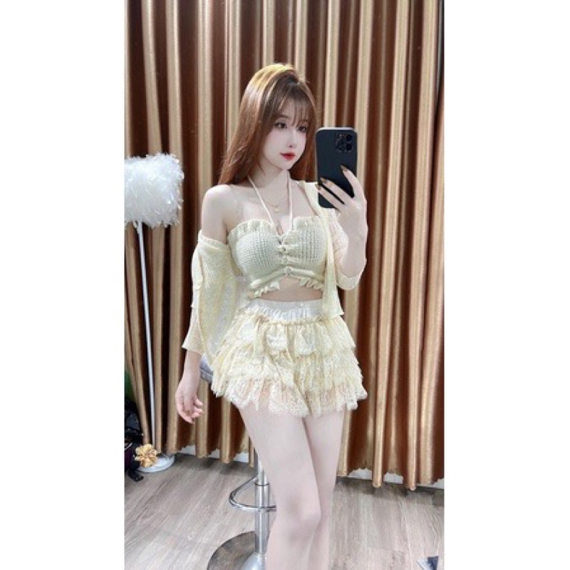 Set áo cadigan mỏng 1 khuy mix áo quây dây rút hot hit hàng QC