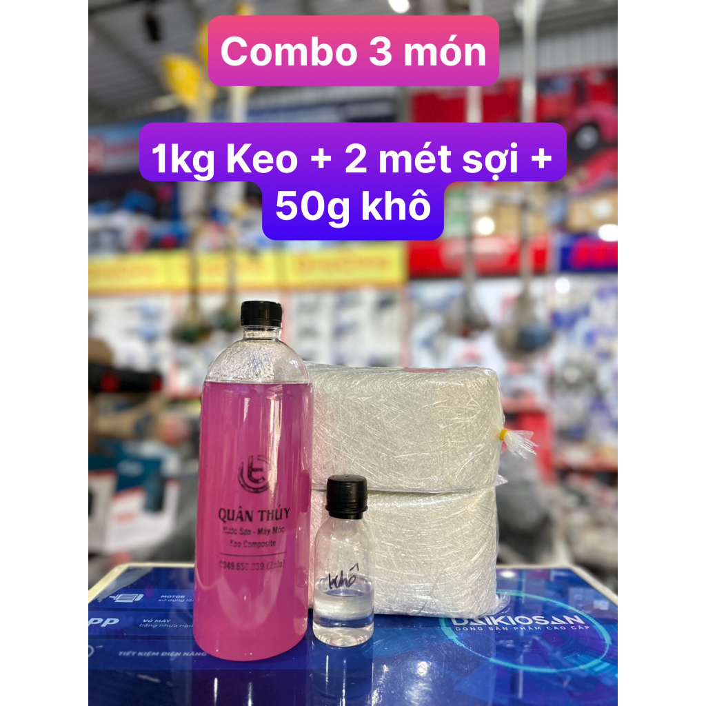 1Kg nhựa composite, 2 mét sợi thủy tinh, 100g xúc tác.