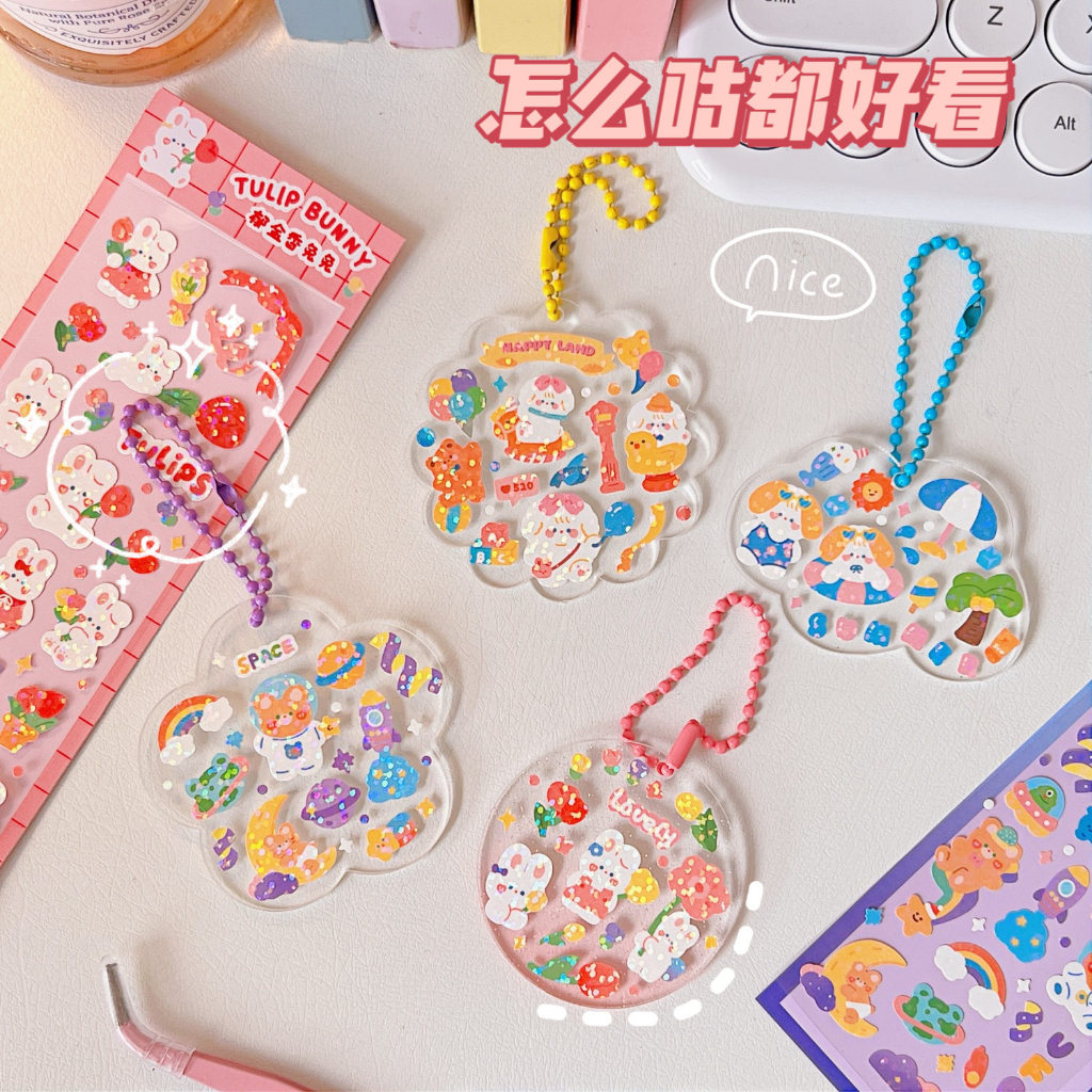 Sticker Hoa Tulip/ Sticker Gấu Thỏ Siêu Lấp Lánh Bling Trang Trí Toploader/ Ốp Lưng Dễ Thương