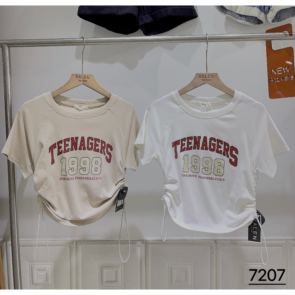 Áo pull crop rút eo Teenage 1998 - Be/Trắng (7207)