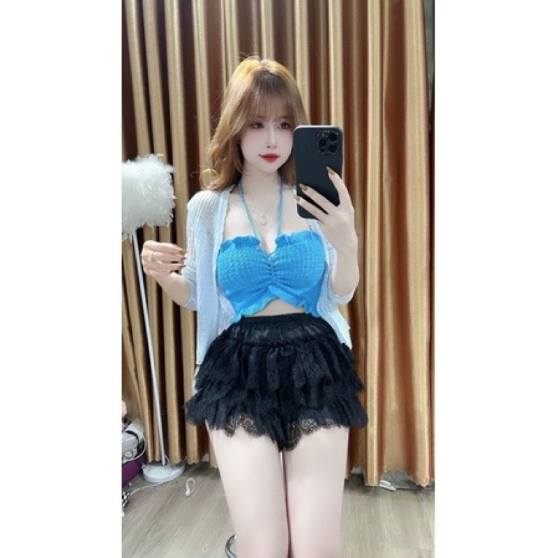 Set áo cadigan mỏng 1 khuy mix áo quây dây rút hot hit hàng QC