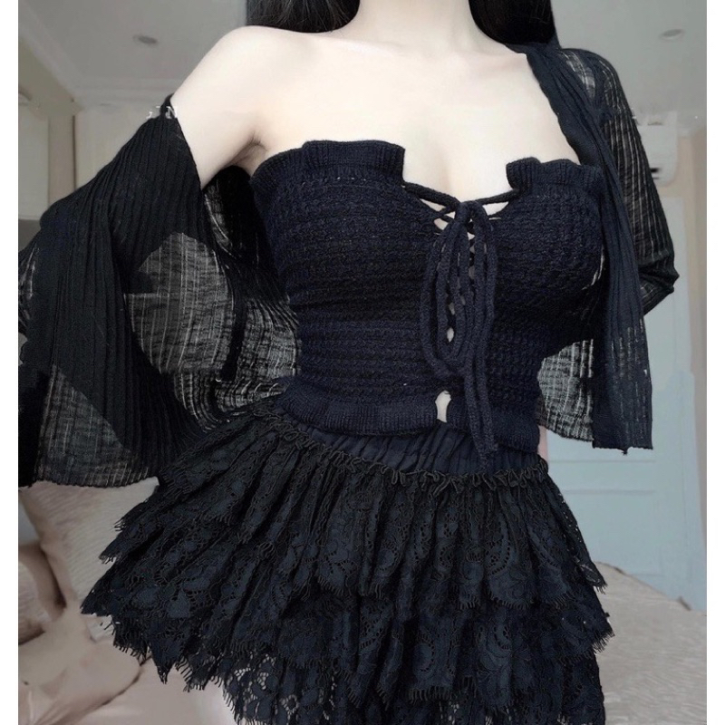 Set áo cadigan mỏng 1 khuy mix áo quây dây rút hot hit hàng QC