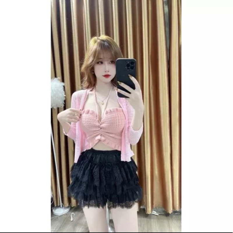 Set áo cadigan mỏng 1 khuy mix áo quây dây rút hot hit hàng QC