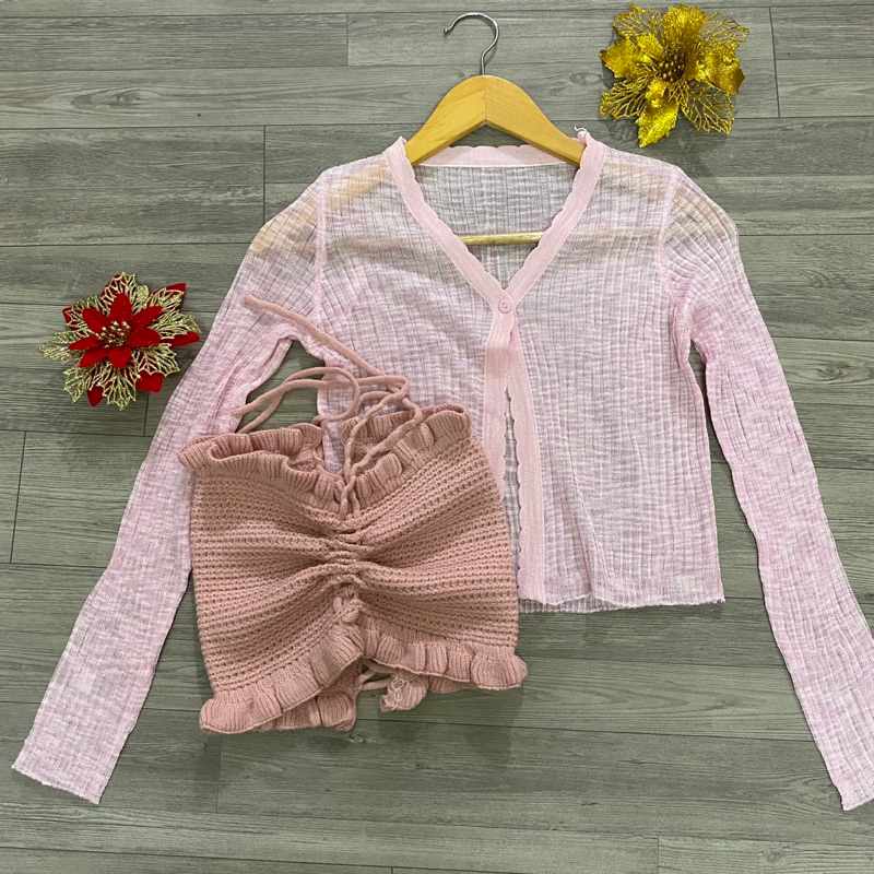 Set áo cadigan mỏng 1 khuy mix áo quây dây rút hot hit hàng QC