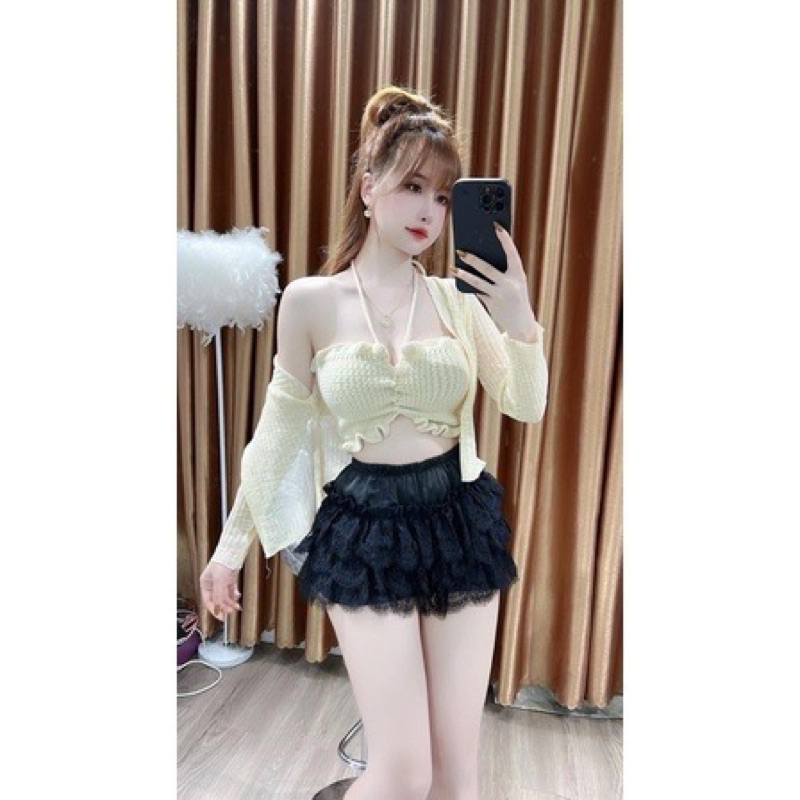 Set áo cadigan mỏng 1 khuy mix áo quây dây rút hot hit hàng QC