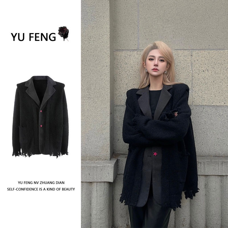 Áo khoác blazer Star Doublehstore chất len màu đen phối xám kiểu dáng basic