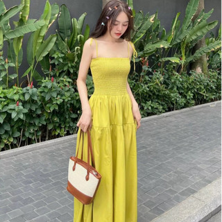 ( Kèm quà tặng ) Đầm maxi 2s tầng  dây cột nơ nhún thun đi phố hay tiệc tùng