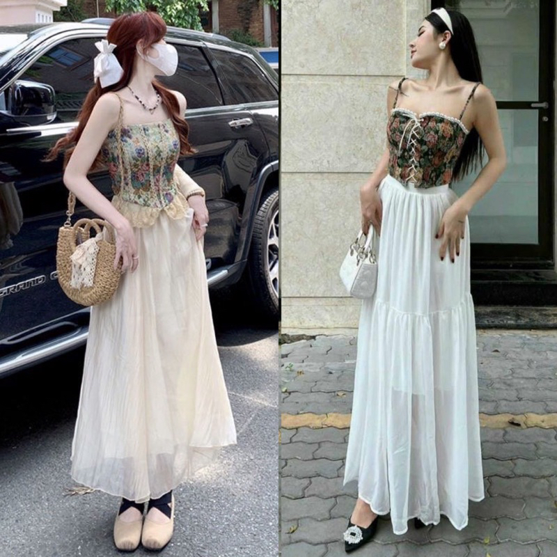 SET ÁO GẤM HOA ỐNG CÚP KÈM CHÂN VÁY MIDI (KÈM VIDEO HÌNH THẬT)