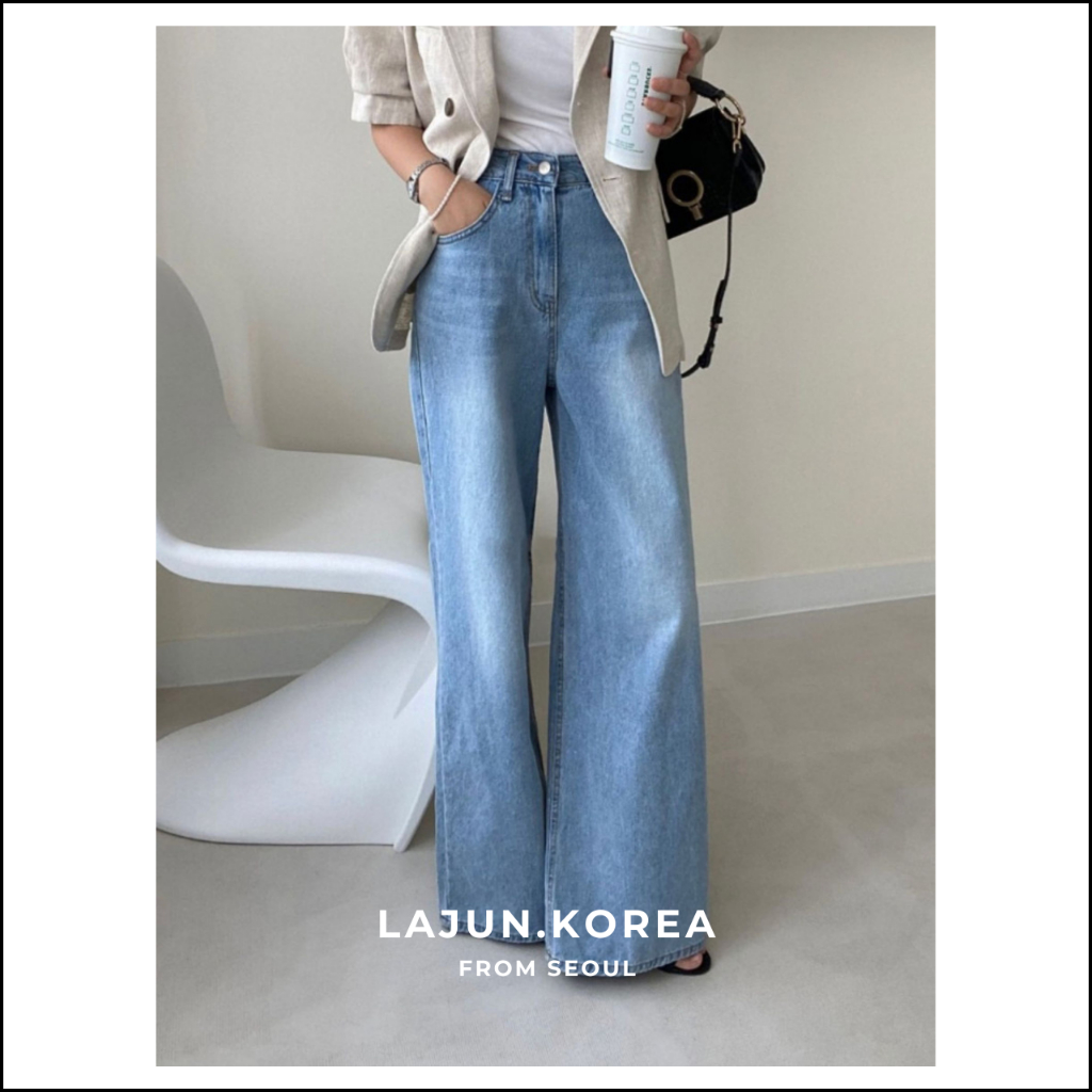 [LAJUN KOREA] Quần Denim Light Ống Rộng Suông Lưng Cao Hàn Quốc (Chất Mềm Không Bị Dày)