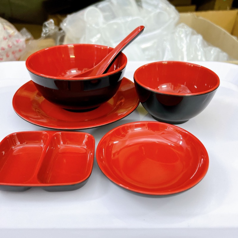 Bộ Tô Đĩa Chén Bát Nhựa Melamine  Đỏ Đen FATACO Việt Nam Đủ Size