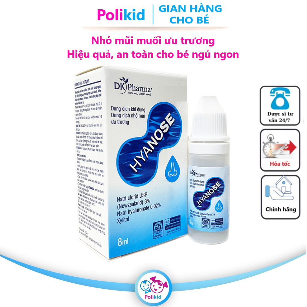 Polikid | Hyanose - Dung dịch nhỏ mũi ưu trương DK Pharma - Giảm sổ mũi, nghẹt mũi, giữ ẩm và làm sạch niêm mạc mũi
