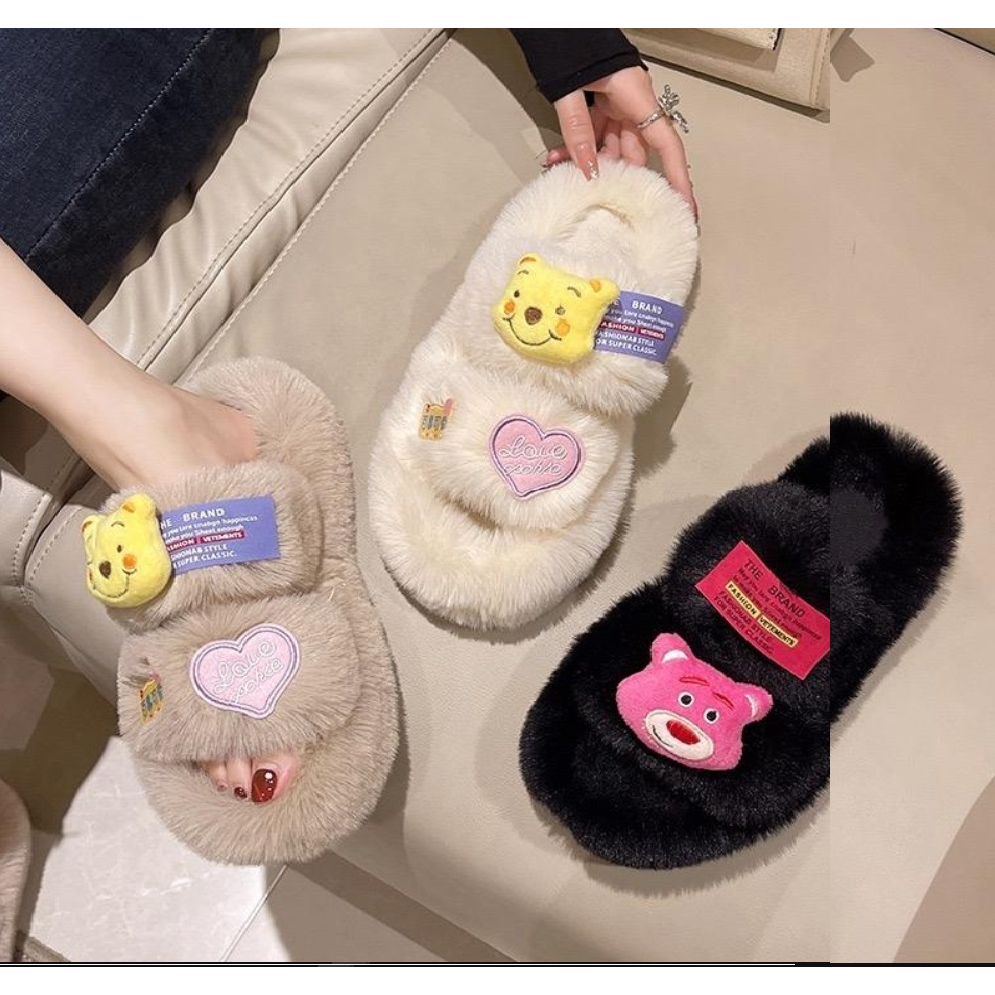 DÉP LÔNG / DÉP BÔNG BẢN 2 QUAI GẮN GẤU  ĐẾ CAO 4,5 CM SIU CUTE ( Tặng ngay 1 gói khẩu trang)