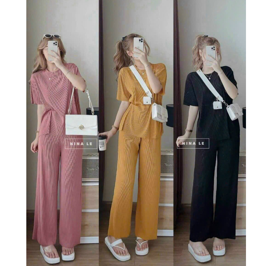 Set Bộ thời Trang Nữ Đi Chơi Chất Thun Gân Cổ Tròn Tay Ngắn Quần Dài Lưng Thun Ống Đứng Maxi Sang Trọng