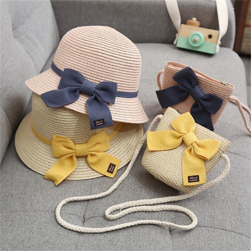 Combo mũ và túi cói gắn nơ xinh cho bé gái