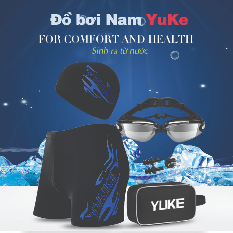 Bộ bơi thể thao nam, thiết bị bơi cho nam quần bơi boxer, kính bơi, mũ bơi Yuke B023
