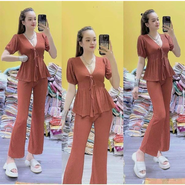 Set Bộ Thời Trang Nữ Đi Chơi Chất Xốp Cổ V Phối Nơ Ngực Tay Ngắn Lai Xếp Ly Quần Dài Lưng Thun Ống Đứng Maxi Sang Trọng
