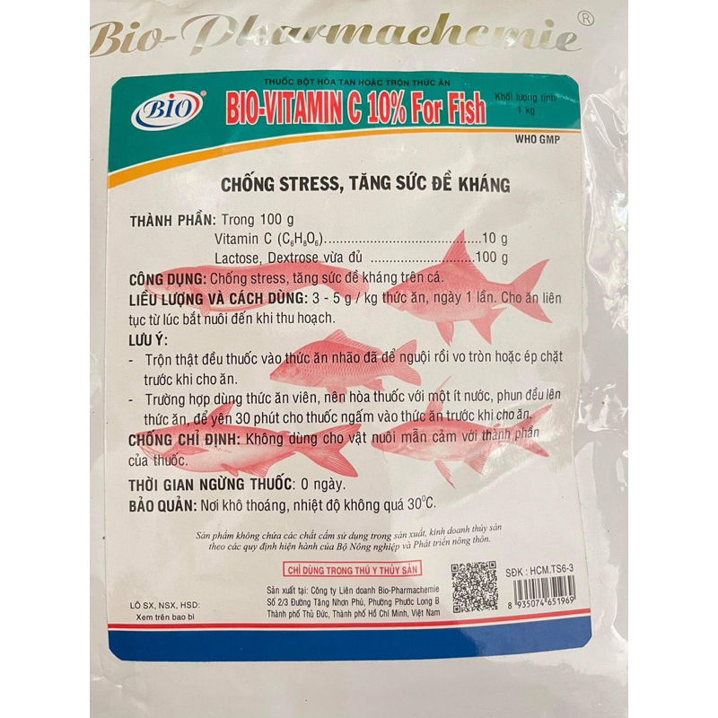 Bio Vitamin C 10% for fish 1kg cung cấp vitamin C giúp CÁ,TÔM,ẾCH,Lươn,baba khoẻ.